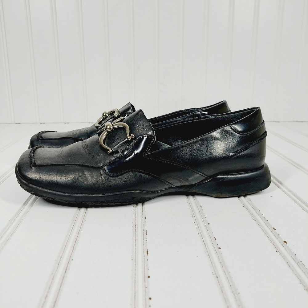 Alec John Black Leather Square Toe Buckle Detail Slip On Loafers E944